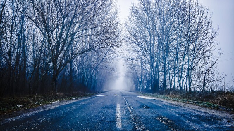 Empty Road in Fog — Blue, Dreary