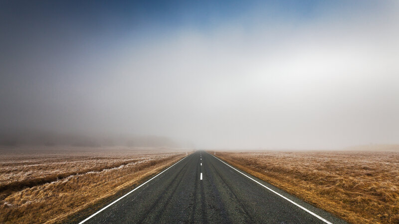Empty Road in Fog — Blue, Serene, Morning, Photograph, Field, Sky