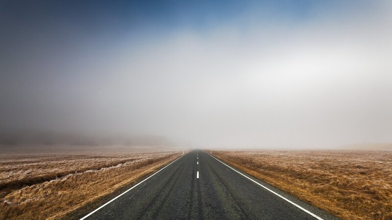 Empty Road in Fog — Blue, Serene, Morning, Photograph, Field