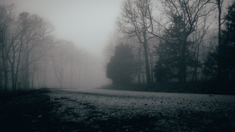 Empty Road in Fog — Gray, Dreary, Night