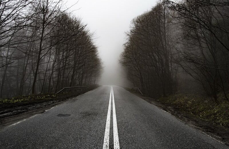 Empty Road in Fog — Gray, Dreary, Winter