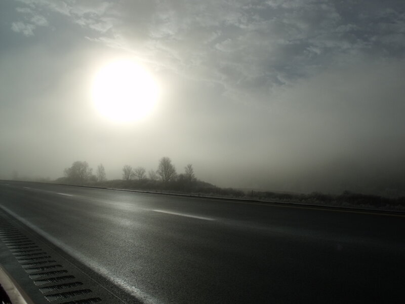 Empty Road in Fog — Gray, Misty, Morning, Photograph, Sun