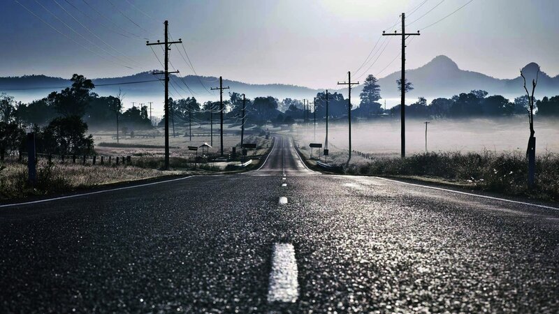 Empty Road in Fog — Gray, Serene, Morning, Photograph, Power Lines, Hills