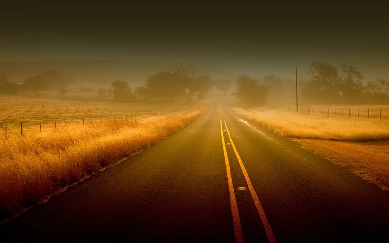 Empty road in golden mist