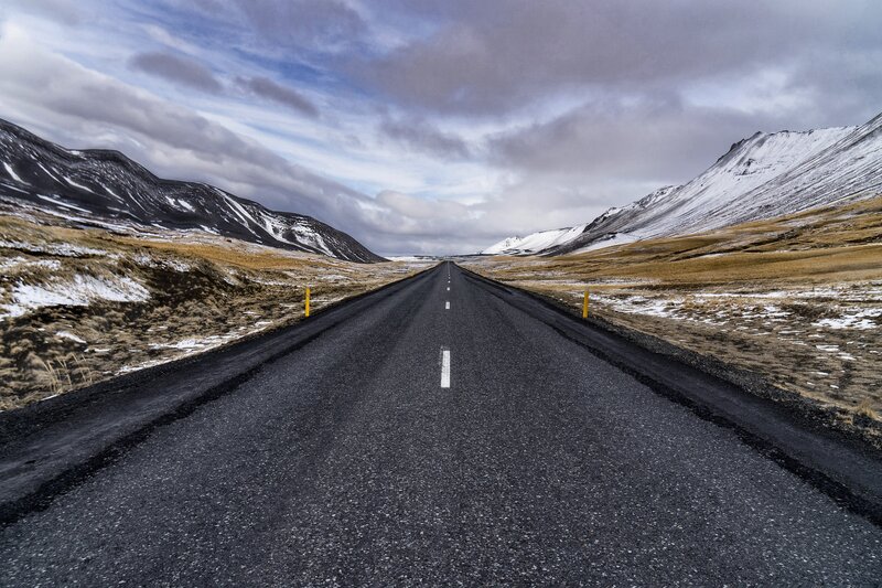 Empty Road in Mountains — Gray, Dramatic, Winter
