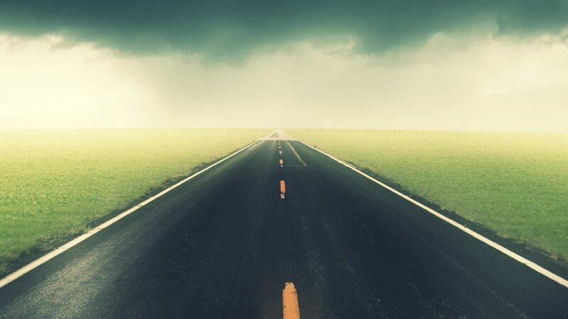 Empty Road Stretching Forward — Green, Dramatic, Afternoon, Photograph