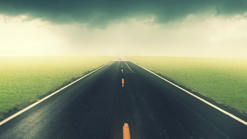 Empty Road Stretching Forward — Green, Dramatic, Afternoon
