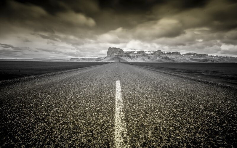 Empty Road to Mountains — Gray, Dramatic