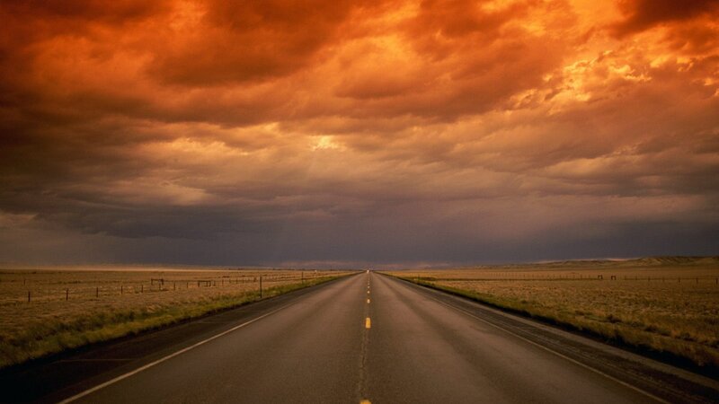 Empty Road under Stormy Sky — Orange, Dramatic, Sunset