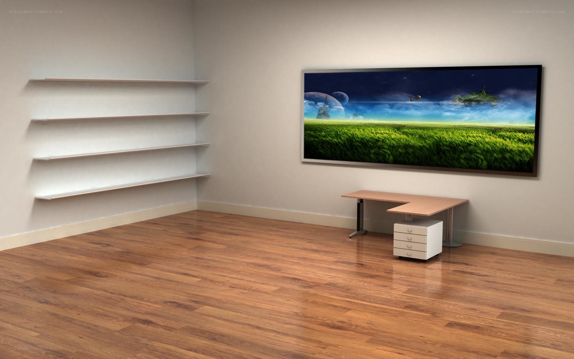 Empty room with desk and artwork
