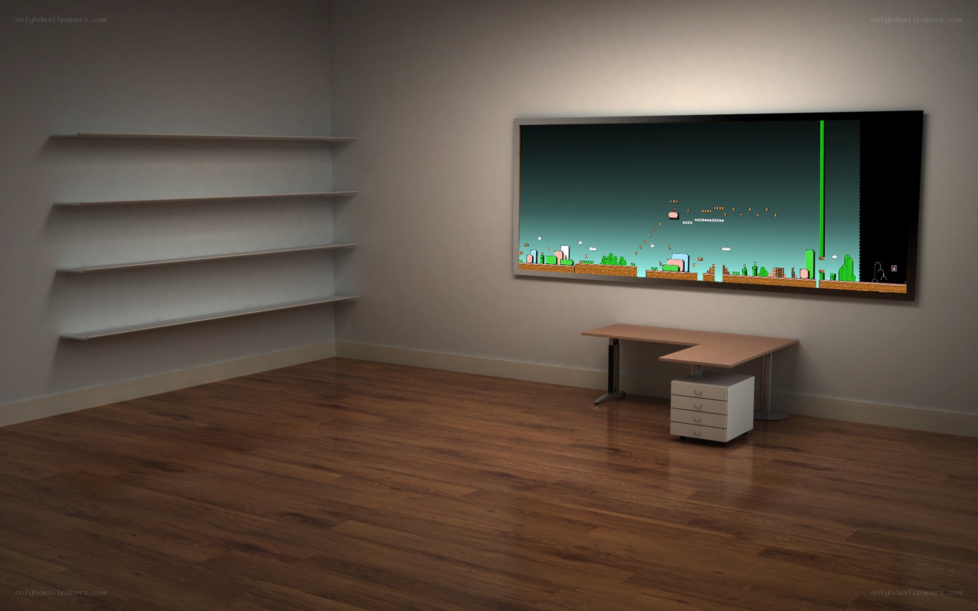 Empty room with game on screen