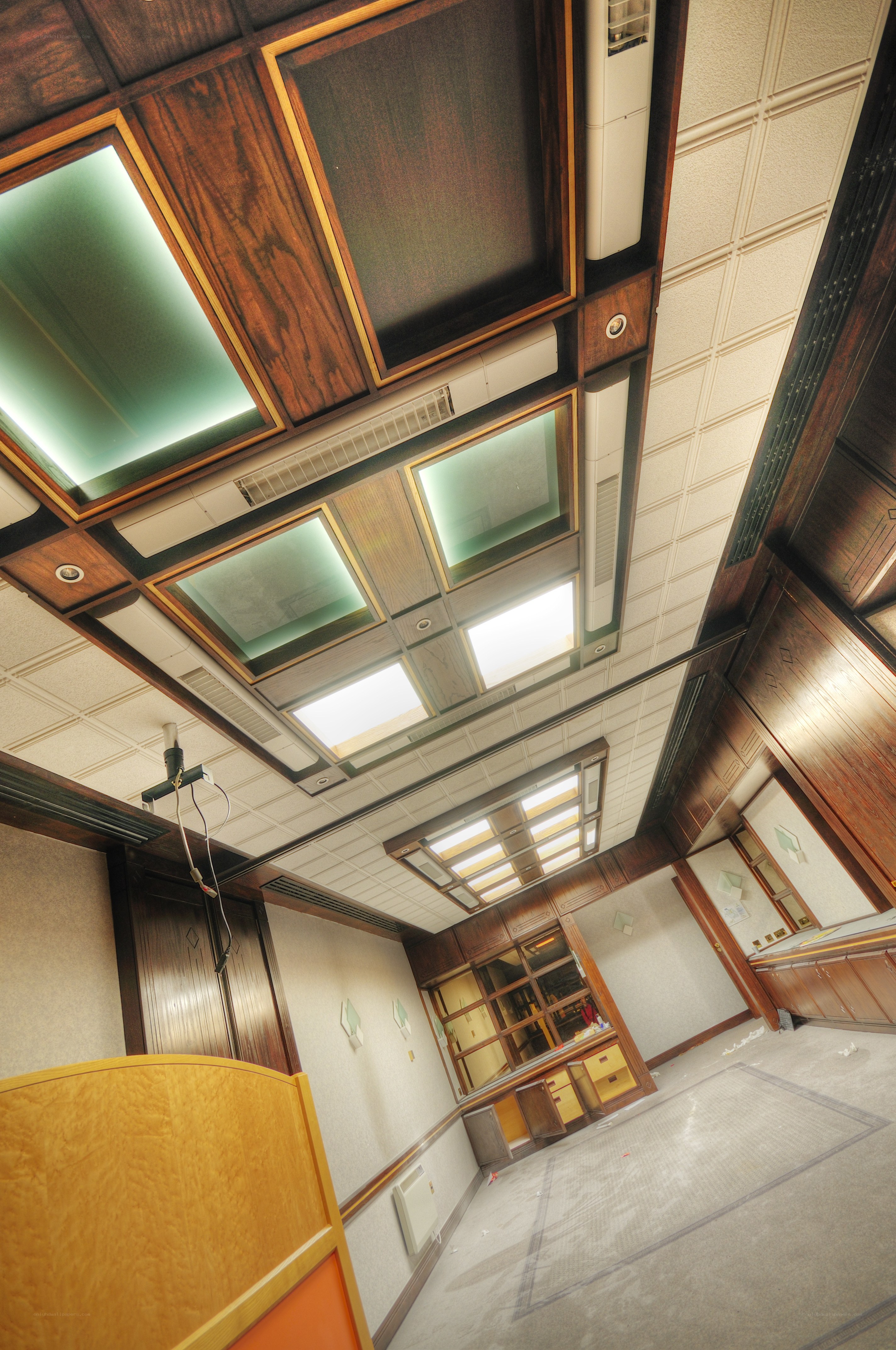 empty room with wooden ceiling
