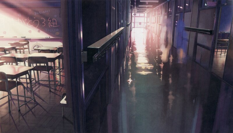 Empty school hallway at sunset