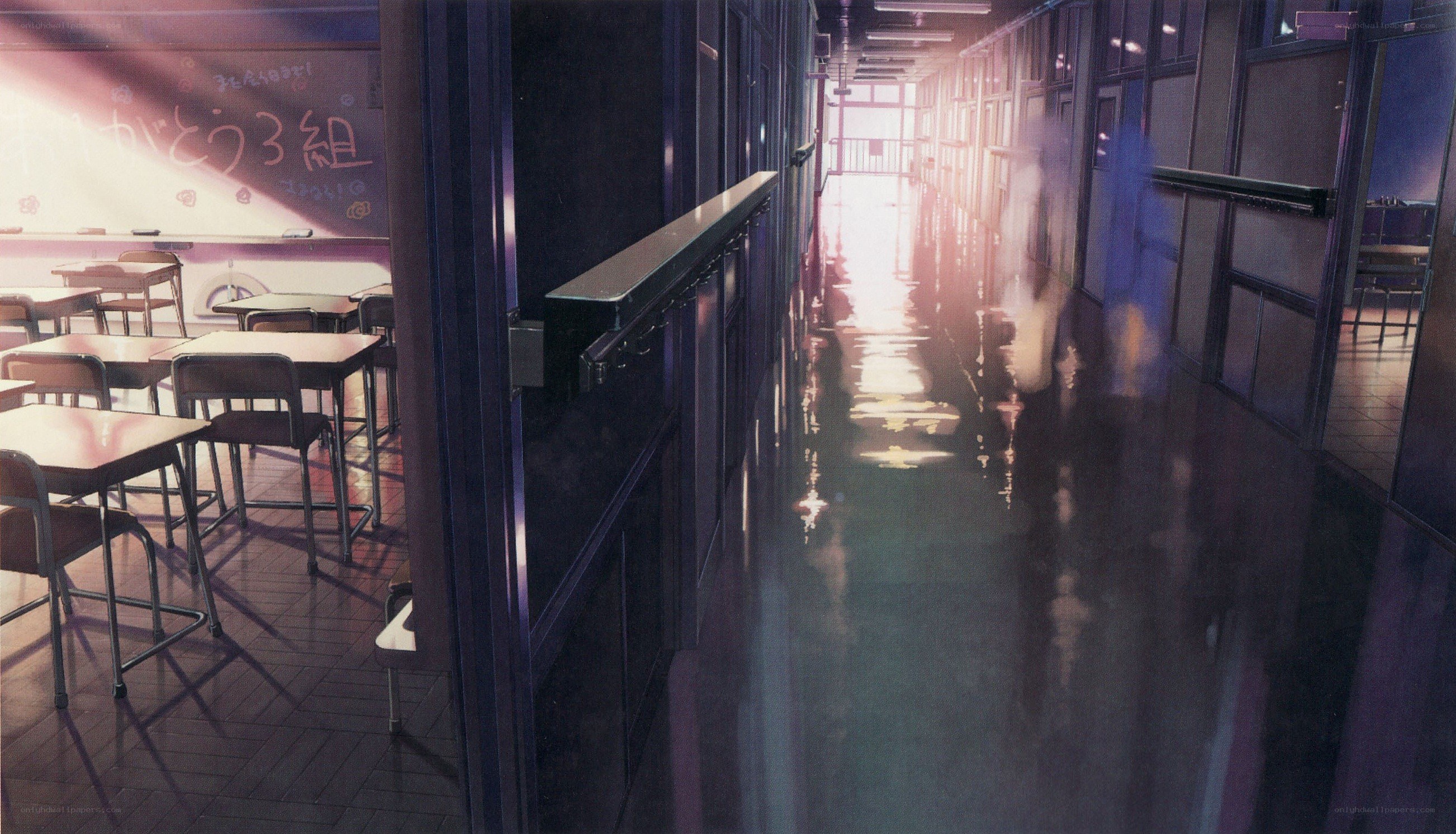 Empty school hallway at sunset