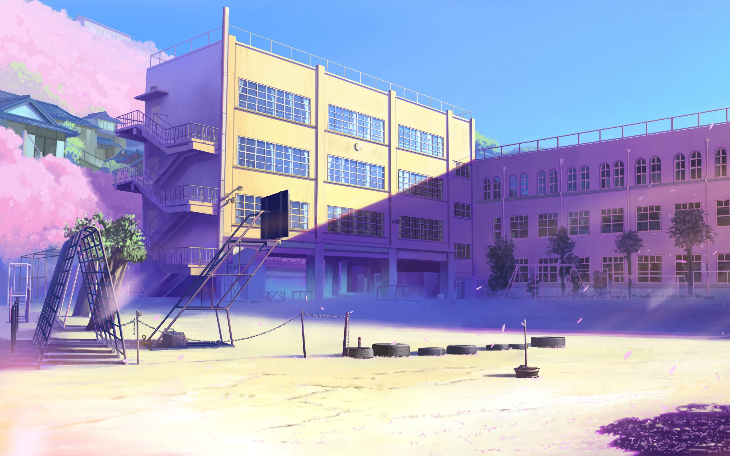 Empty schoolyard at sunset