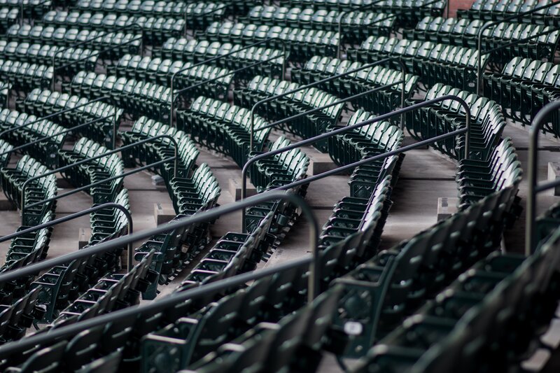 Empty Stadium Seats — Green, Photograph, Railing