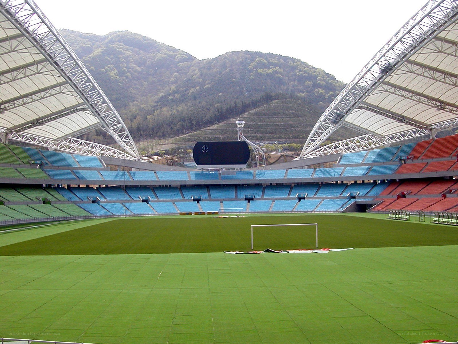 Empty stadium with mountain view