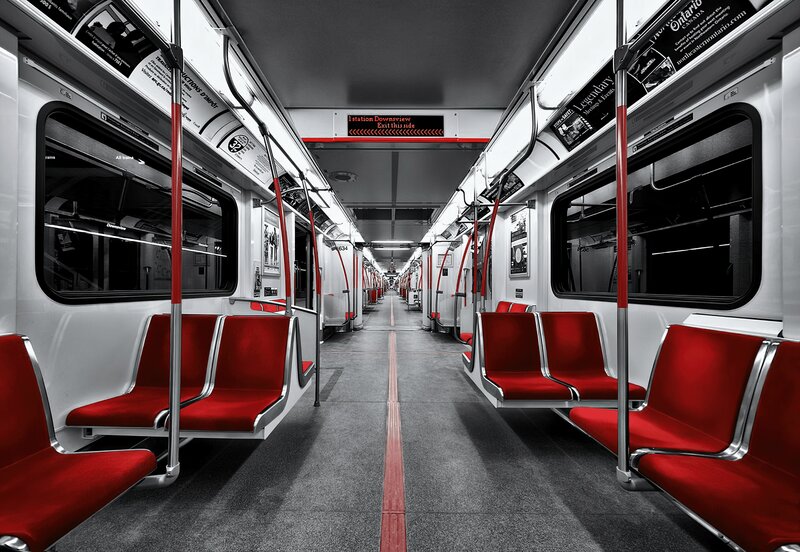Empty Subway Car Interior — Red, Photograph