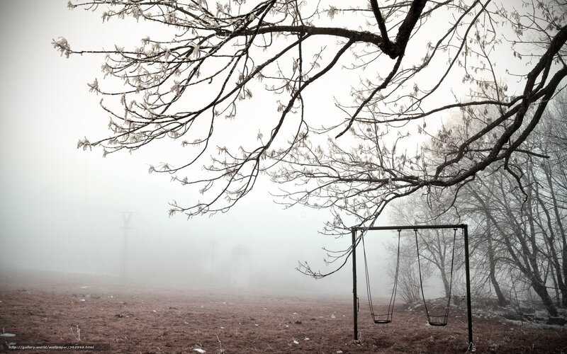 Empty Swings in Fog — Gray