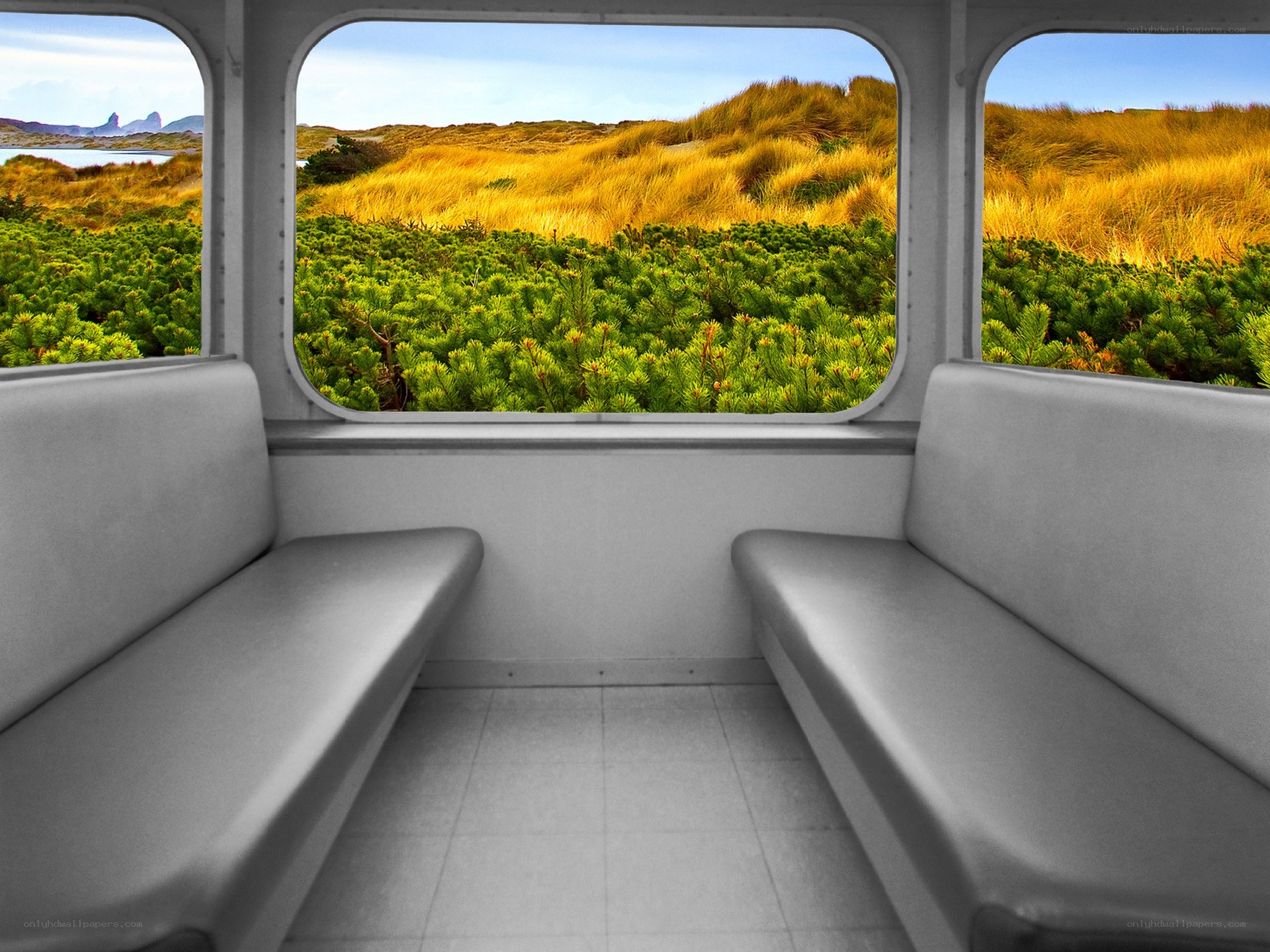 Empty train car with coastal view