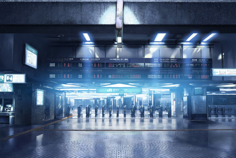 Empty Train Station — Blue, Serene, Night, 3d Render, Ticket Gates, Digital Signs
