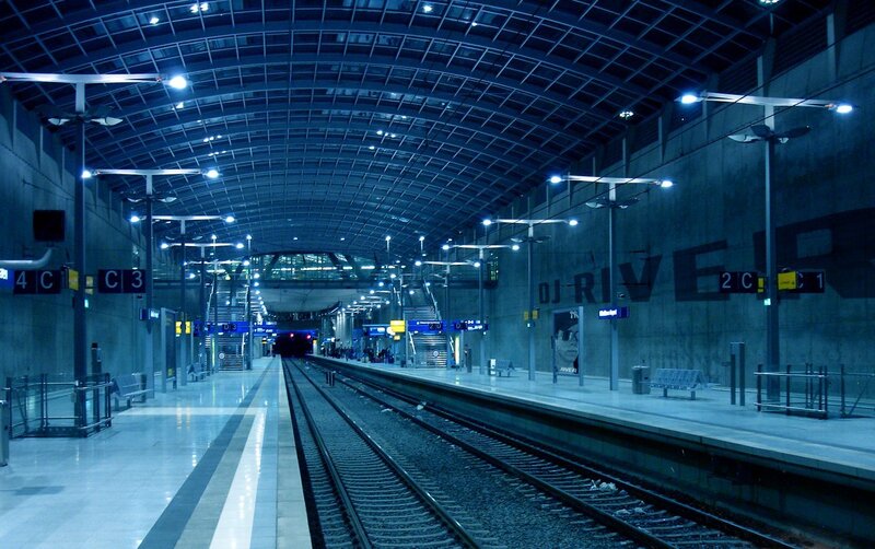 Empty Train Station — Blue, Serene, Night, Photograph, Platforms