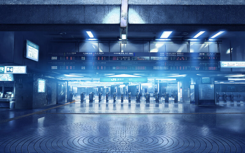 Empty Train Station — Blue, Serene, Night, Photograph, Ticket Gates