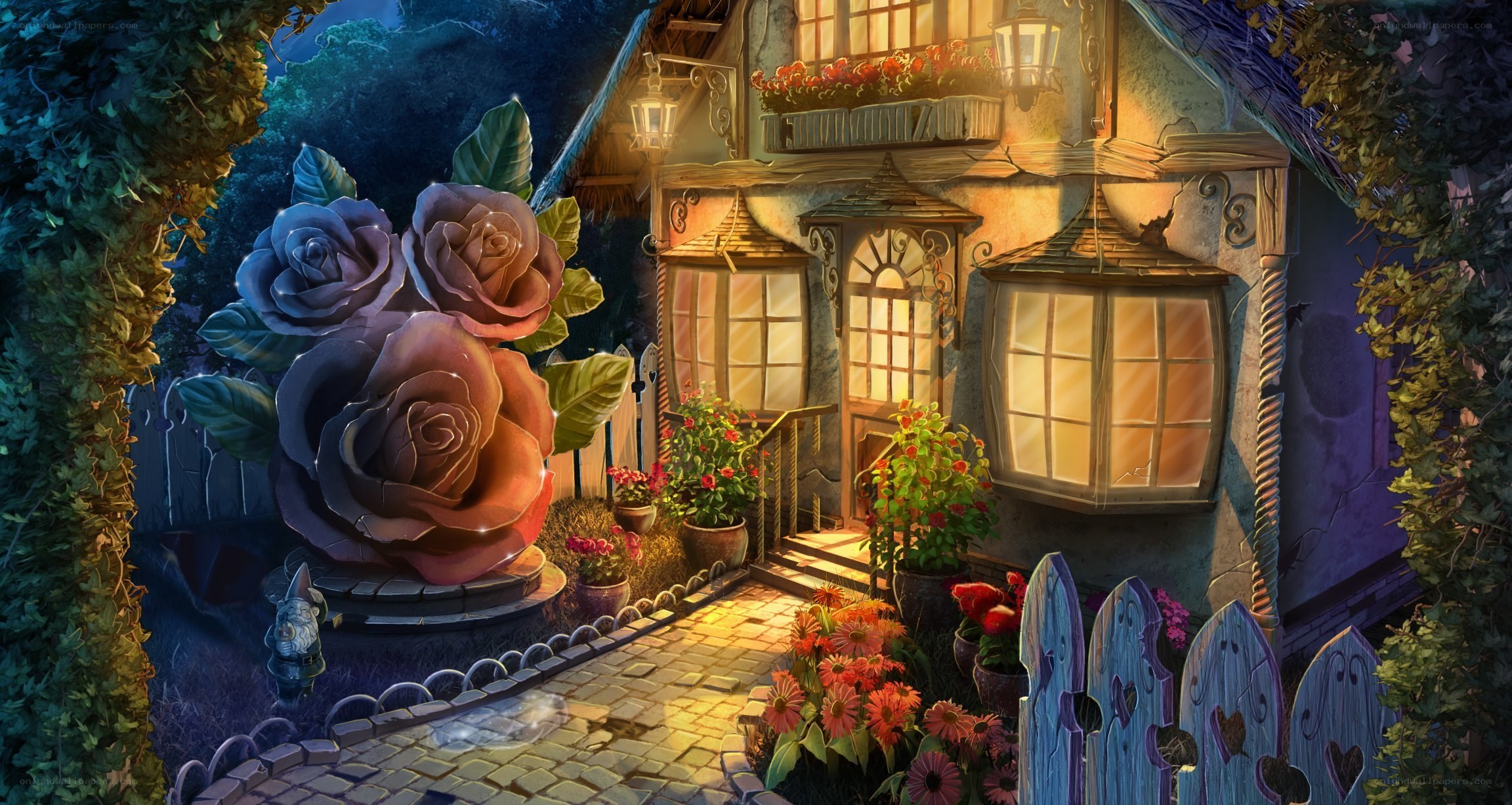 enchanted cottage at night