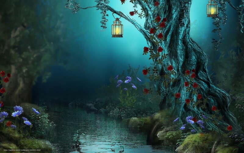 Enchanted forest by a river