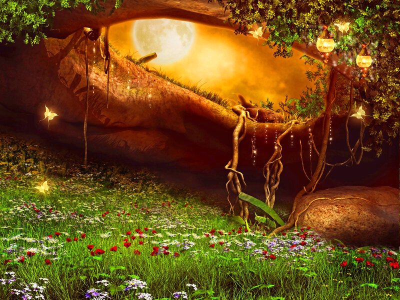 Enchanted Forest Glade — Green, Serene, Night, Digital Art, Moon