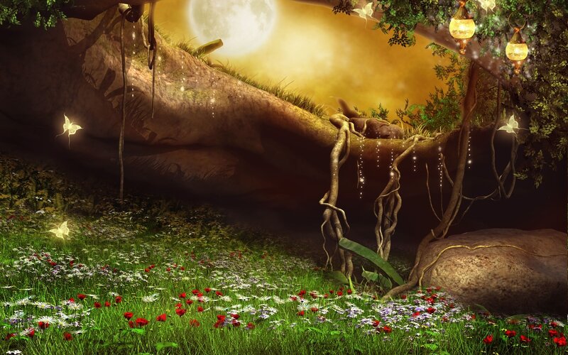 Enchanted Forest Glade — Green, Serene, Night, Digital Art