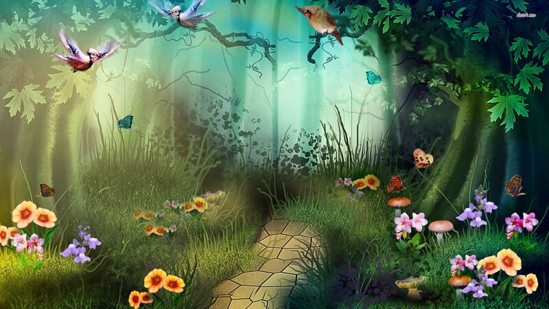 Enchanted Forest Path — Green, Serene, Morning, Digital Art, Birds
