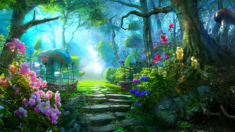 Enchanted Forest Path — Green, Serene, Morning, Digital Art