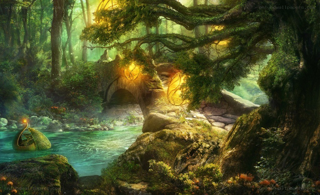 Enchanted forest river scene