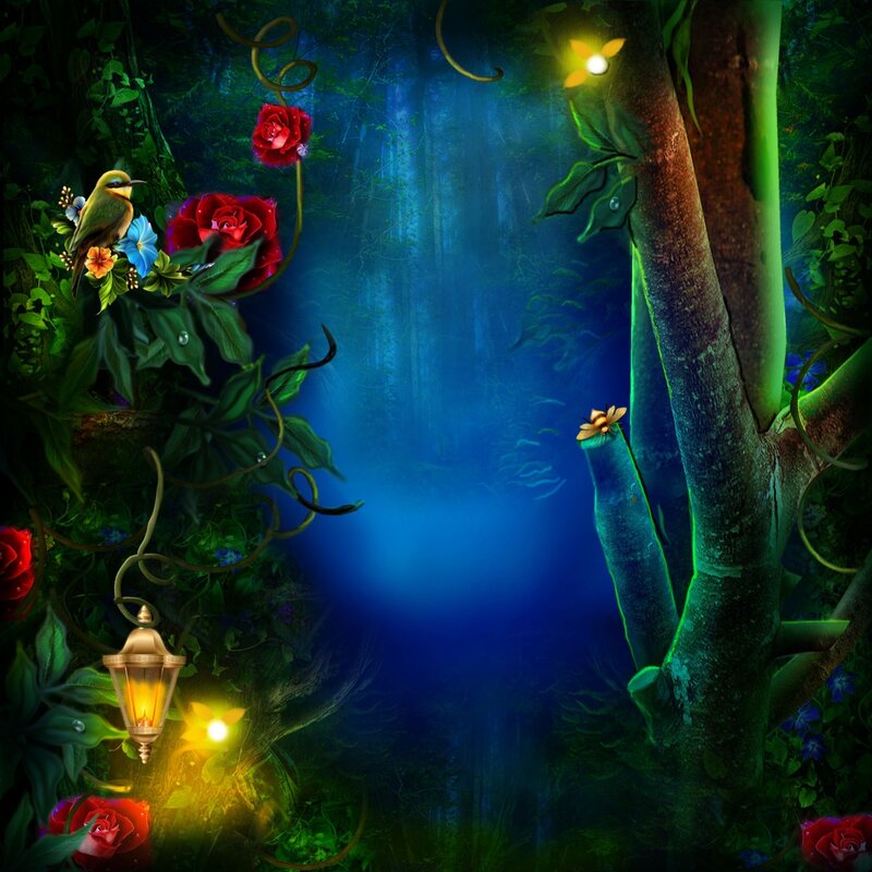 Enchanted Forest Scene — Blue, Mystical, Night, Digital Art, Bird