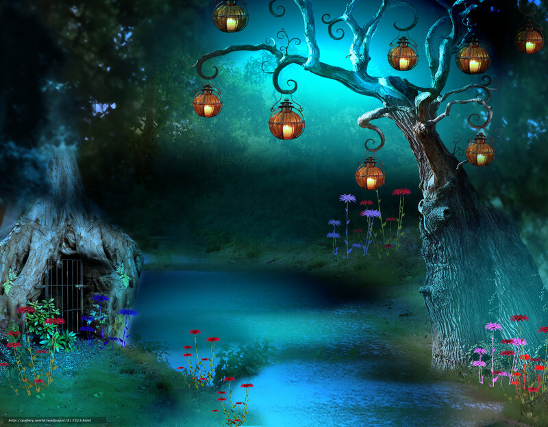 Enchanted Forest Scene — Blue, Mystical, Night, Digital Art, Lanterns