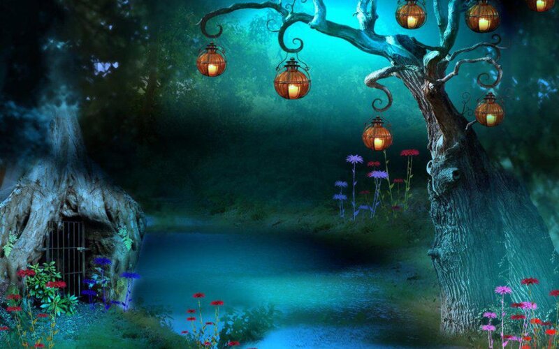 Enchanted Forest Scene — Blue, Mystical, Night, Digital Art