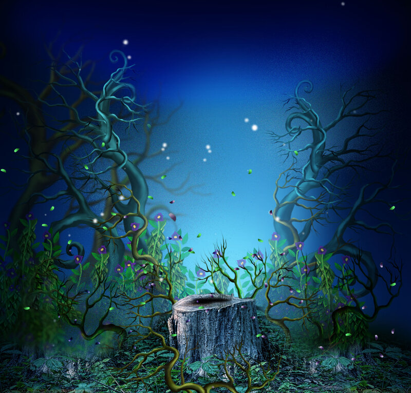 Enchanted Forest Scene — Blue, Mystical, Night