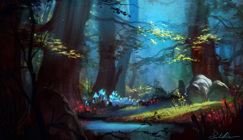 Enchanted Forest Scene — Blue, Serene, Night, Digital Art