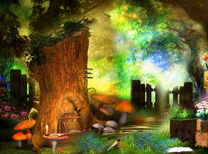 Enchanted Forest Scene — Green, Magical, Afternoon, Digital Art