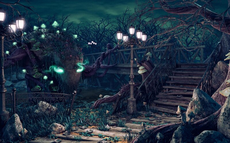 Enchanted Forest Scene — Green, Mysterious, Night, Digital Art