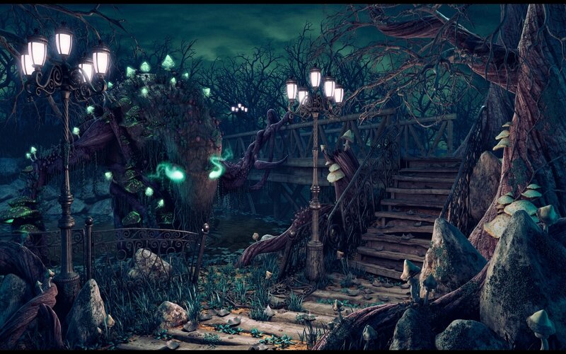 Enchanted Forest Scene — Green, Mysterious, Night