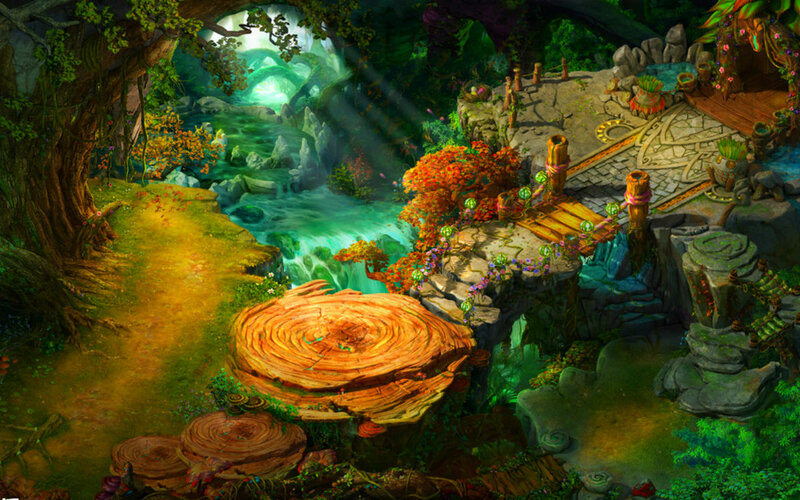 Enchanted Forest Scene — Green, Serene, Afternoon, Digital Art, River