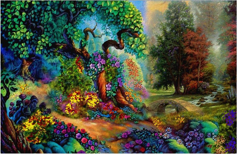 Enchanted Forest Scene — Green, Serene, Afternoon, Painting
