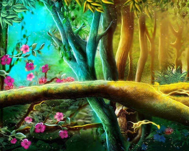 Enchanted Forest Scene — Green, Serene, Morning, Digital Art