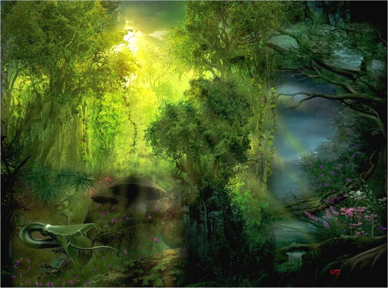 Enchanted Forest Scene — Green, Serene, Morning