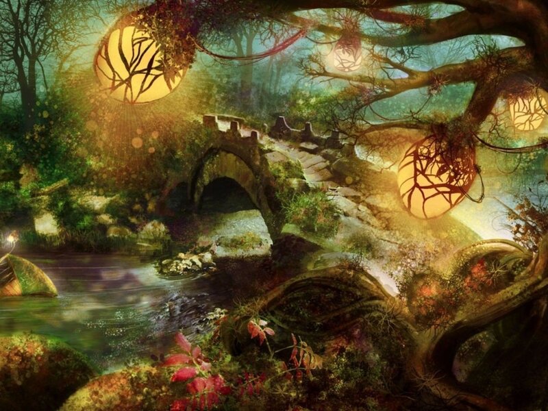 Enchanted Forest Scene — Green, Serene, Night, Digital Art, Bridge