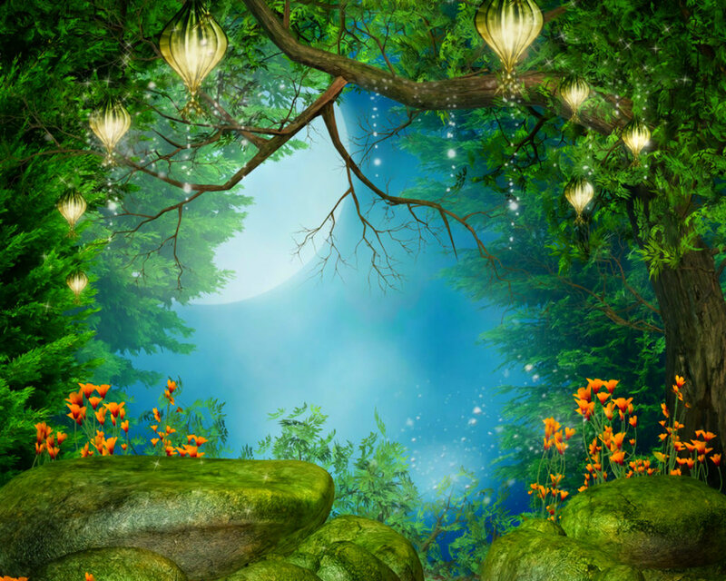 Enchanted Forest Scene — Green, Serene, Night, Digital Art, Lanterns