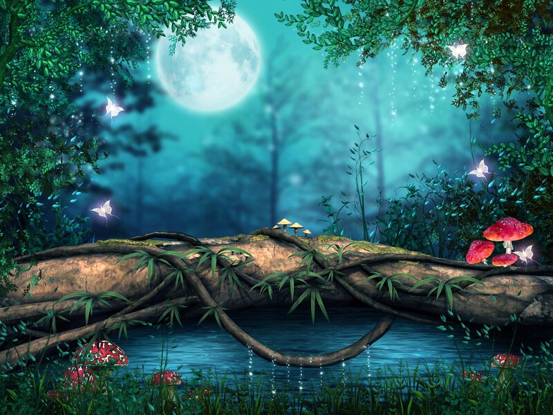 Enchanted Forest Scene — Green, Serene, Night, Digital Art