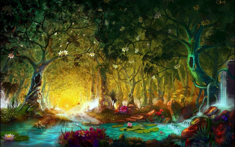 Enchanted Forest Scene — Green, Serene, Sunset
